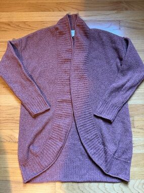 Pink Rose open-front ribbed shawl cardigan in a plum/mauve shade